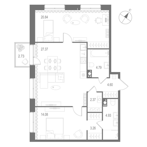2-комнатная квартира №1 в: «Остров Первых»: 82.24 м²; этаж: 6 - купить в Санкт-Петербурге