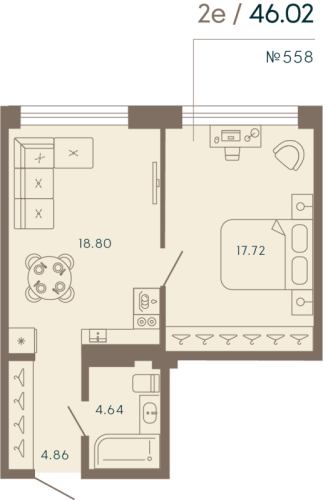 1-комнатная квартира, 46.02 м²; этаж: 7 - купить в Санкт-Петербурге