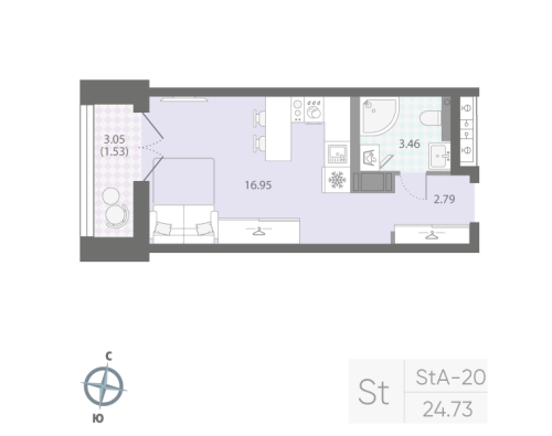 1-комнатная квартира, 24.73 м²; этаж: 9 - купить в Санкт-Петербурге