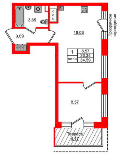 1-комнатная квартира, 33.34 м²; этаж: 12 - купить в Санкт-Петербурге