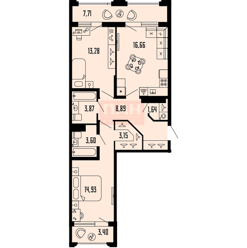 2-комнатная квартира №39 в: «Шепилевский»: 71.58 м²; этаж: 12 - купить в Санкт-Петербурге