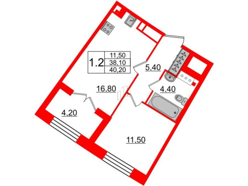 1-комнатная квартира, 38.1 м²; этаж: 3 - купить в Санкт-Петербурге