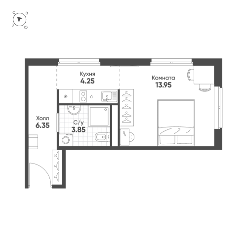 1-комнатная квартира №13 в: Avenue Apart Pulkovo: 28.4 м²; этаж: 10 - купить в Санкт-Петербурге