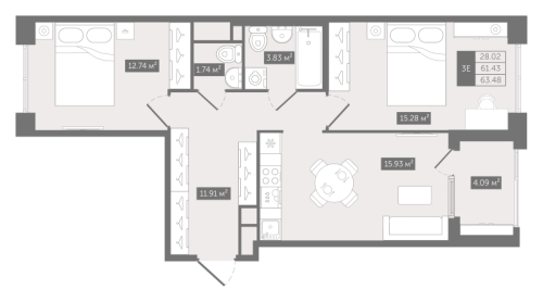 2-комнатная квартира, 63.48 м²; этаж: 3 - купить в Санкт-Петербурге