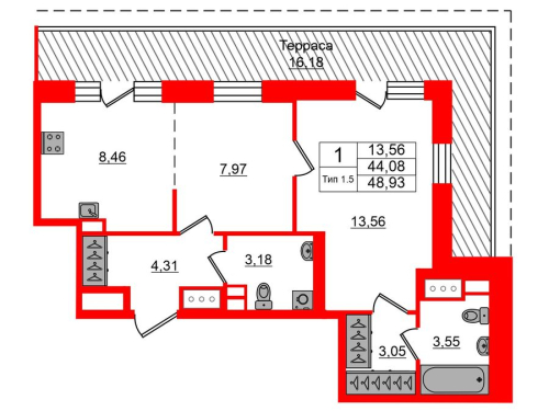 1-комнатная квартира, 44.08 м²; этаж: 17 - купить в Санкт-Петербурге