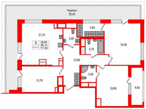 3-комнатная квартира, 98.13 м²; этаж: 12 - купить в Санкт-Петербурге