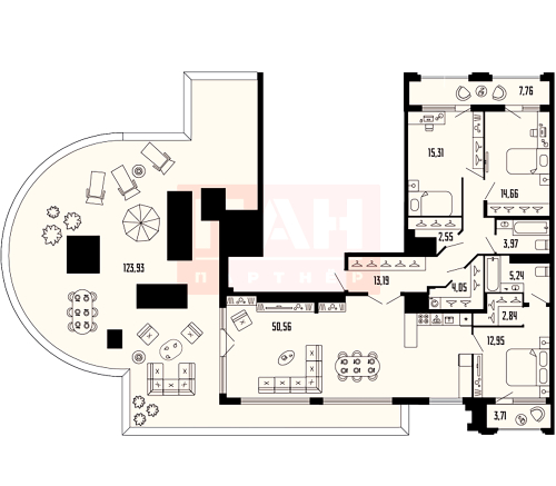 3-комнатная квартира №39 в: «Шепилевский»: 168.24 м²; этаж: 24 - купить в Санкт-Петербурге