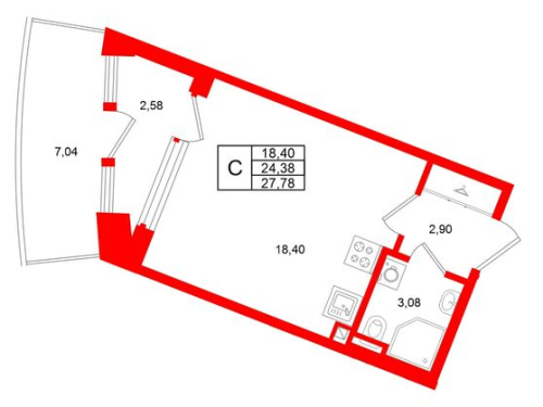 1-комнатная квартира, 24.38 м²; этаж: 3 - купить в Санкт-Петербурге