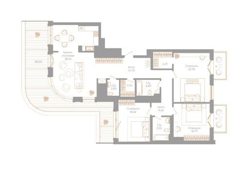 3-комнатная квартира №130 в: Фонтанка, 130: 152.28 м²; этаж: 7 - купить в Санкт-Петербурге