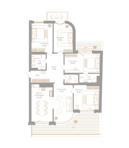 5-комнатная квартира №130 в: Фонтанка, 130: 150.07 м²; этаж: 7 - купить в Санкт-Петербурге