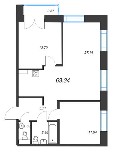 2-комнатная квартира №1 в: Alpen: 63.34 м²; этаж: 7 - купить в Санкт-Петербурге