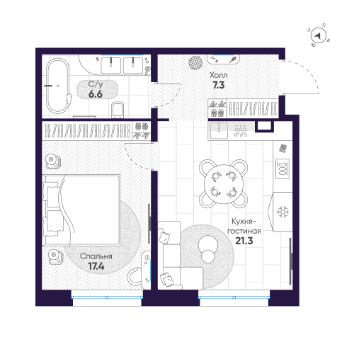 1-комнатная квартира, 52.6 м²; этаж: 2 - купить в Санкт-Петербурге