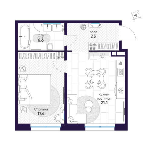 1-комнатная квартира, 52.4 м²; этаж: 4 - купить в Санкт-Петербурге