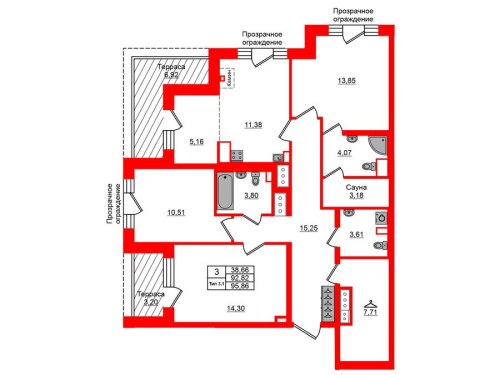 3-комнатная квартира № в: Setl Ривьера: 92.82 м²; этаж: 12 - купить в Санкт-Петербурге