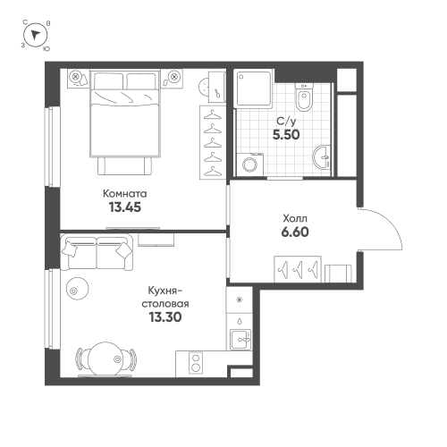 1-комнатная квартира №13 в: Avenue Apart Pulkovo: 38.85 м²; этаж: 16 - купить в Санкт-Петербурге