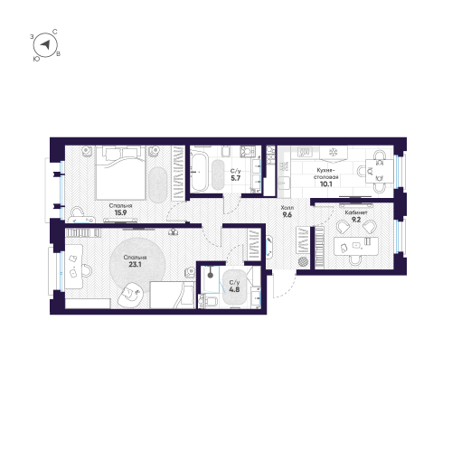 3-комнатная квартира, 78.4 м²; этаж: 2 - купить в Санкт-Петербурге