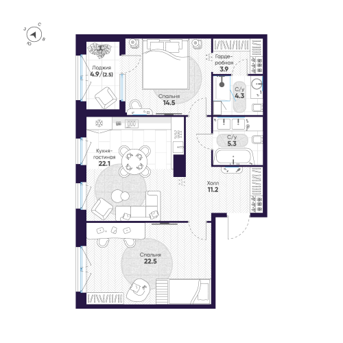 2-комнатная квартира, 86.3 м²; этаж: 6 - купить в Санкт-Петербурге