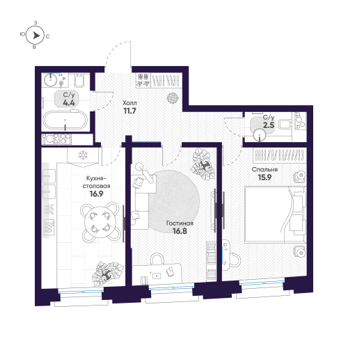 2-комнатная квартира, 68.2 м²; этаж: 4 - купить в Санкт-Петербурге