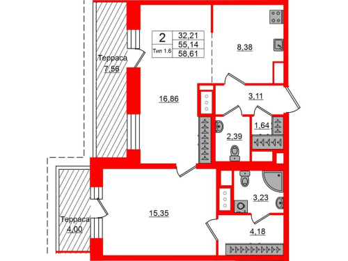 2-комнатная квартира, 55.14 м²; этаж: 12 - купить в Санкт-Петербурге