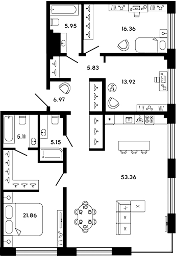 3-комнатная квартира №17 в: Петровский остров 17/33: 134.51 м²; этаж: 6 - купить в Санкт-Петербурге