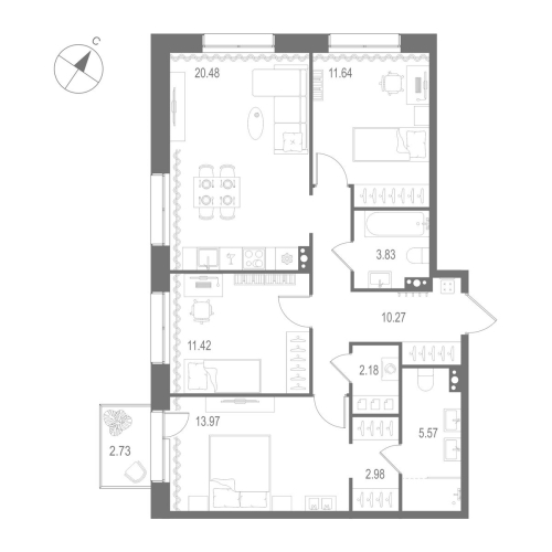 3-комнатная квартира №1 в: «Остров Первых»: 82.34 м²; этаж: 5 - купить в Санкт-Петербурге