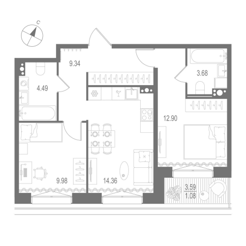 2-комнатная квартира, 55.83 м²; этаж: 10 - купить в Санкт-Петербурге