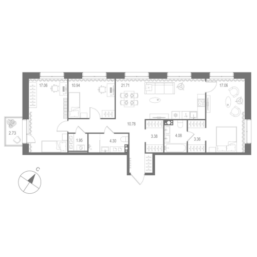 3-комнатная квартира №1 в: «Остров Первых»: 94.62 м²; этаж: 6 - купить в Санкт-Петербурге