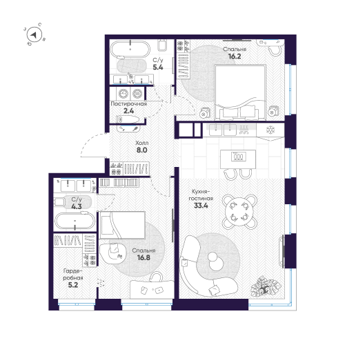 2-комнатная квартира, 91.7 м²; этаж: 8 - купить в Санкт-Петербурге