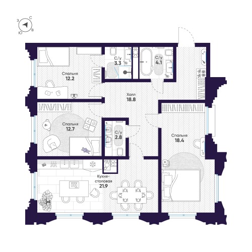 3-комнатная квартира № в: Мариинка Deluxe: 94.2 м²; этаж: 5 - купить в Санкт-Петербурге