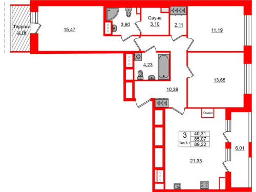 3-комнатная квартира, 85.07 м²; этаж: 12 - купить в Санкт-Петербурге