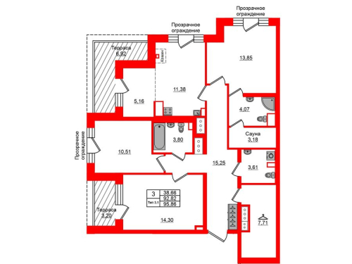 3-комнатная квартира, 92.82 м²; этаж: 12 - купить в Санкт-Петербурге
