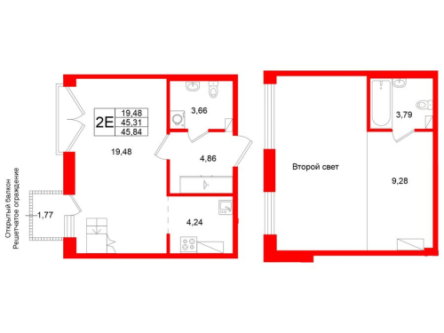 1-комнатная квартира №1 в: Аристократ: 45.31 м²; этаж: 8 - купить в Санкт-Петербурге
