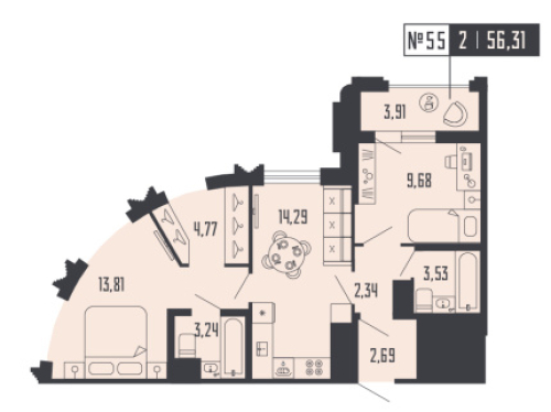 2-комнатная квартира №39 в: «Шепилевский»: 56.31 м²; этаж: 13 - купить в Санкт-Петербурге