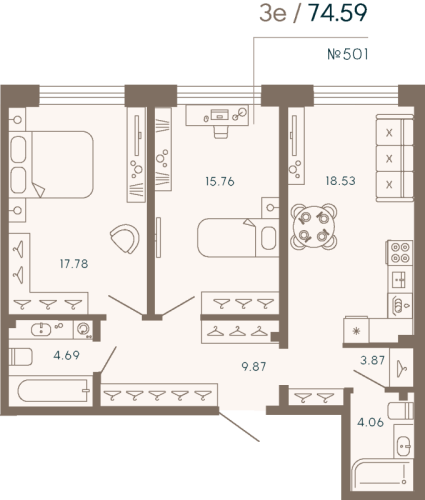 2-комнатная квартира, 74.59 м²; этаж: 4 - купить в Санкт-Петербурге