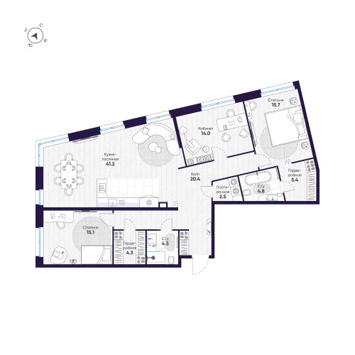 3-комнатная квартира №47 в: ЛДМ: 127.7 м²; этаж: 2 - купить в Санкт-Петербурге