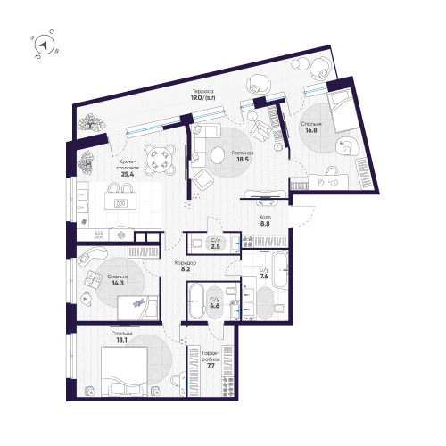 4-комнатная квартира №47 в: ЛДМ: 138.2 м²; этаж: 8 - купить в Санкт-Петербурге