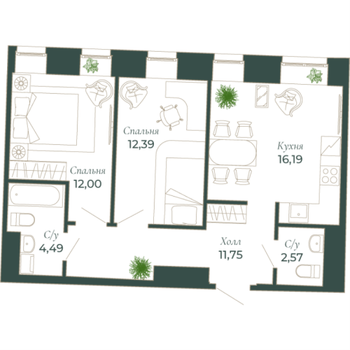2-комнатная квартира, 61.4 м²; этаж: 6 - купить в Санкт-Петербурге