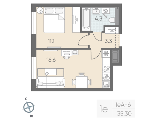 1-комнатная квартира, 35.3 м²; этаж: 7 - купить в Санкт-Петербурге