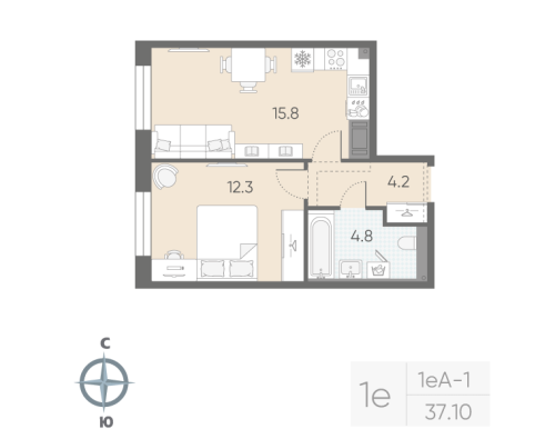1-комнатная квартира, 37.1 м²; этаж: 12 - купить в Санкт-Петербурге