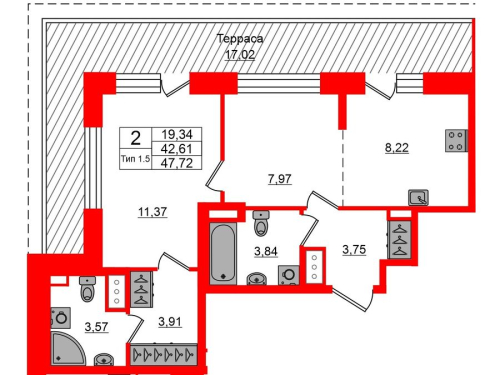 2-комнатная квартира, 42.61 м²; этаж: 12 - купить в Санкт-Петербурге