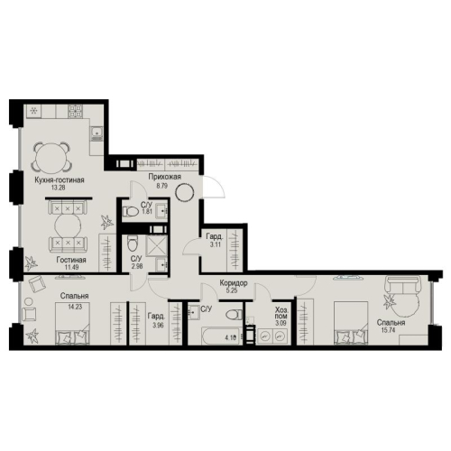 2-комнатная квартира, 87.83 м²; этаж: 3 - купить в Санкт-Петербурге