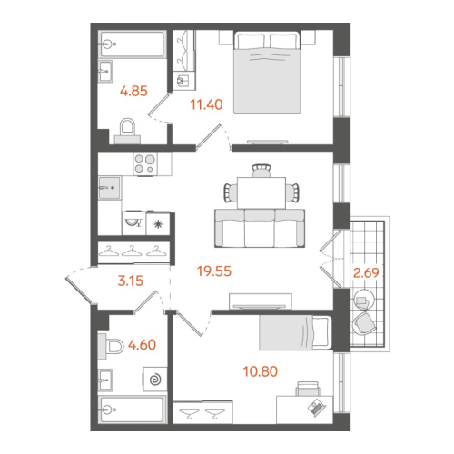2-комнатная квартира, 55.1 м²; этаж: 3 - купить в Санкт-Петербурге