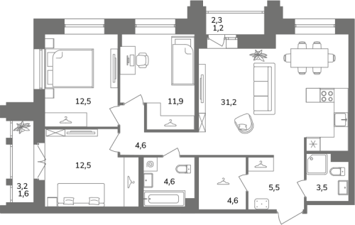 3-комнатная квартира №31 в: Антверпен: 93.7 м²; этаж: 6 - купить в Санкт-Петербурге
