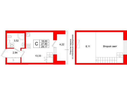 1-комнатная квартира №1 в: Аристократ: 27.9 м²; этаж: 8 - купить в Санкт-Петербурге