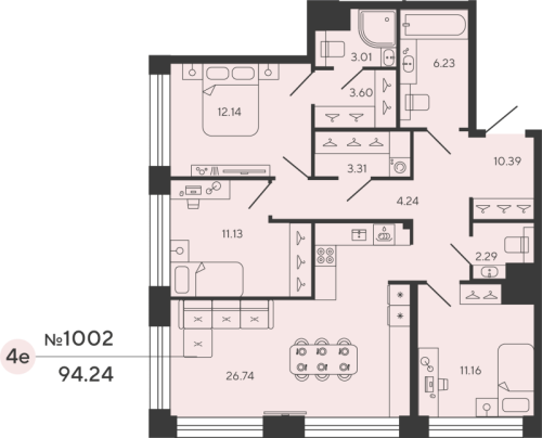 3-комнатная квартира №12уч в: BASHNI ELEMENT: 94.24 м²; этаж: 12 - купить в Санкт-Петербурге
