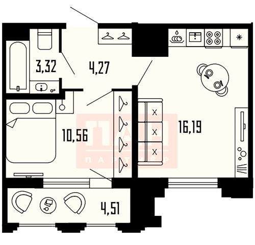 1-комнатная квартира, 36.6 м²; этаж: 13 - купить в Санкт-Петербурге