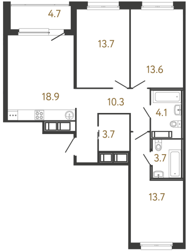 3-комнатная квартира №118 в: Передвижники: 81.7 м²; этаж: 4 - купить в Санкт-Петербурге