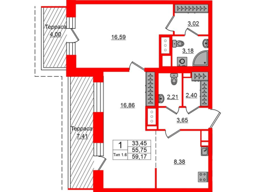 2-комнатная квартира, 55.75 м²; этаж: 12 - купить в Санкт-Петербурге