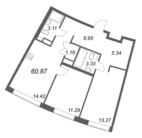 2-комнатная квартира, 60.87 м²; этаж: 3 - купить в Санкт-Петербурге