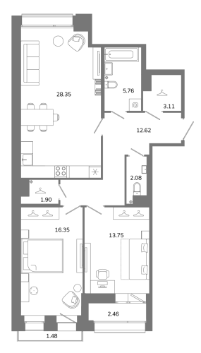 2-комнатная квартира №16 в: Твой космос: 85.59 м²; этаж: 10 - купить в Санкт-Петербурге